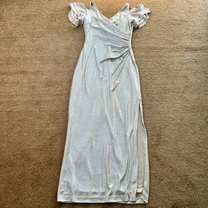 Lauren Ralph Lauren Womens Silver Metallic Cold Shoulder Ruched Long Gown Size 6